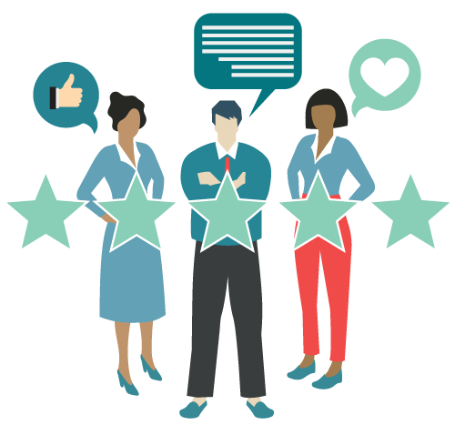 Icon of three people talking, and 5 stars. 